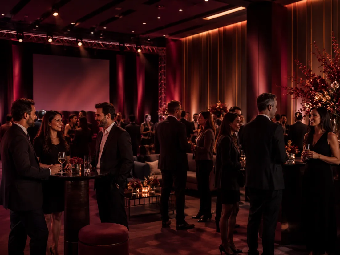 Evento corporativo premium com profissionais em ambiente elegante