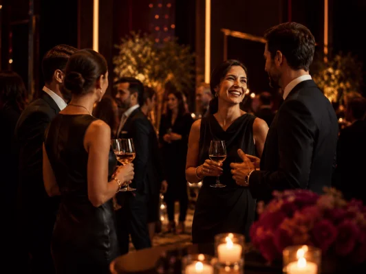 Coquetel corporativo elegante com convidados interagindo